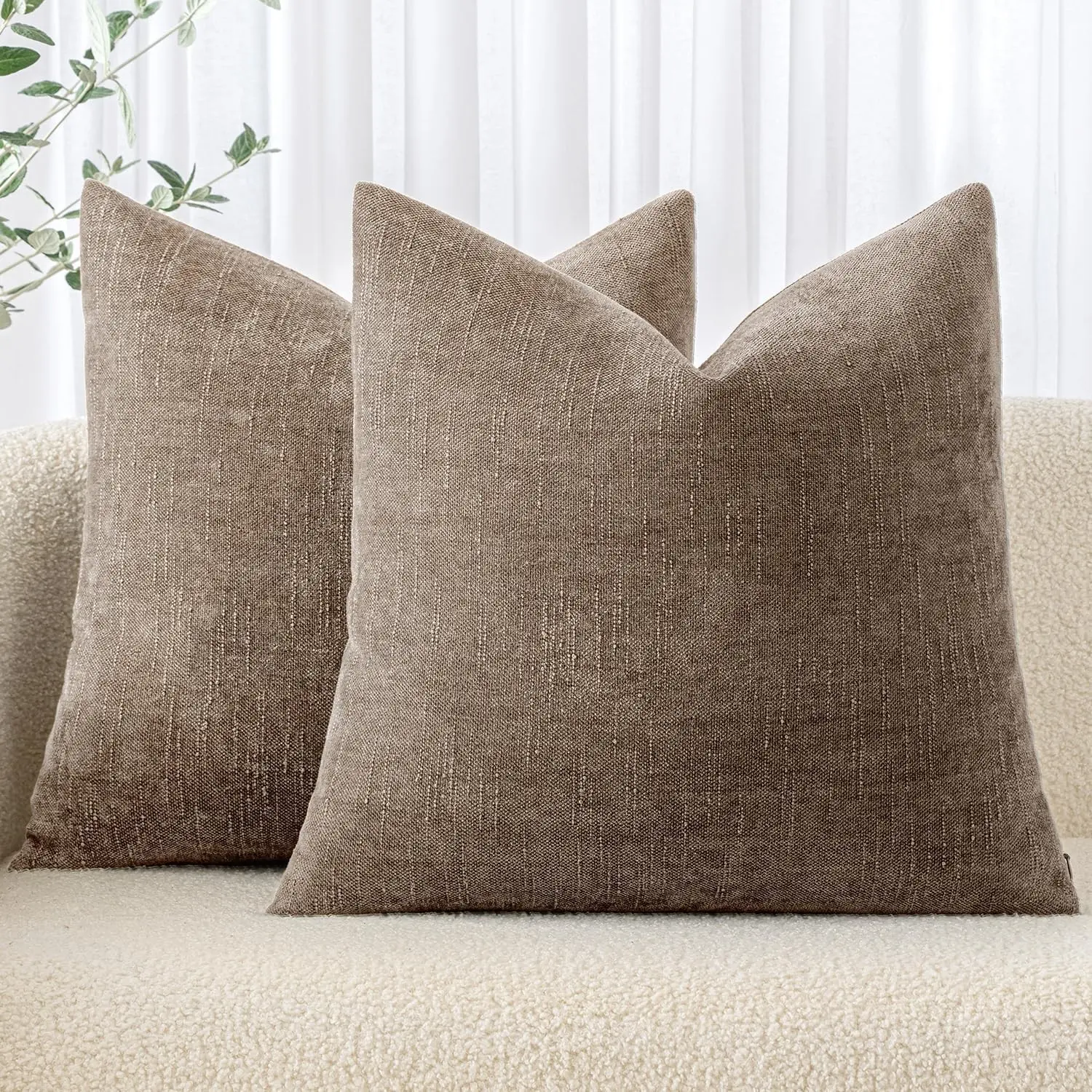 2-Pack Square Chenille Decorative Throw Pillow Covers, Soft Textured Neutral Farmhouse Cushion Covers for Couches and Sofas, 20x20 in Taupe Grey