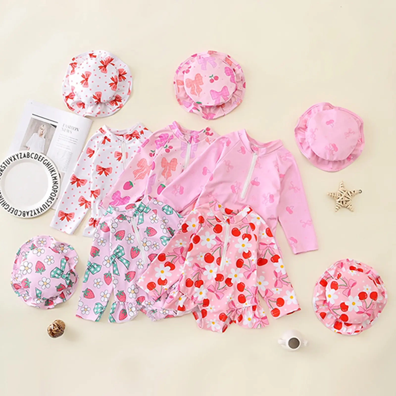 Infant Baby Swimsuit Girl Long Sleeve UPF 50+ Sun Protection  Rash Guard with Hat Zipper Bathing Suit