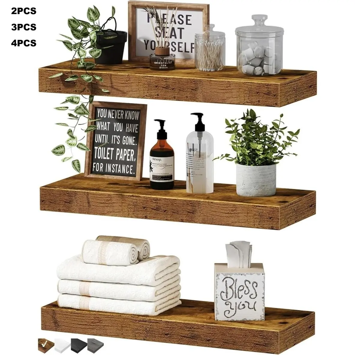 Floating Shelves for Wall Bathroom Shelf Bedroom Kitchen Living Room Hanging Book Shelves Small Farmhouse Decor Aesthetic Bathroom Decor 16 inch Set of 3, Rustic Brown