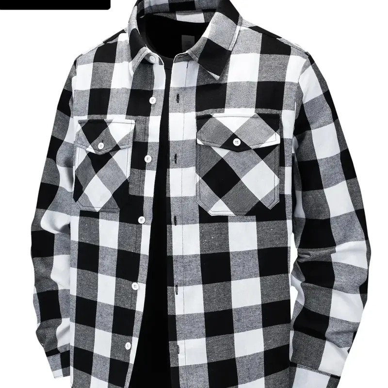 Men's Plus Size Fashion Longsleeves Menswear Plaid Jacket - Poly-Cotton, Medium Length, Turn-Down Collar, 2 Flap Pockets, Soft Brushed Fabric, Stylish Urban Casual for Commuting, Shopping