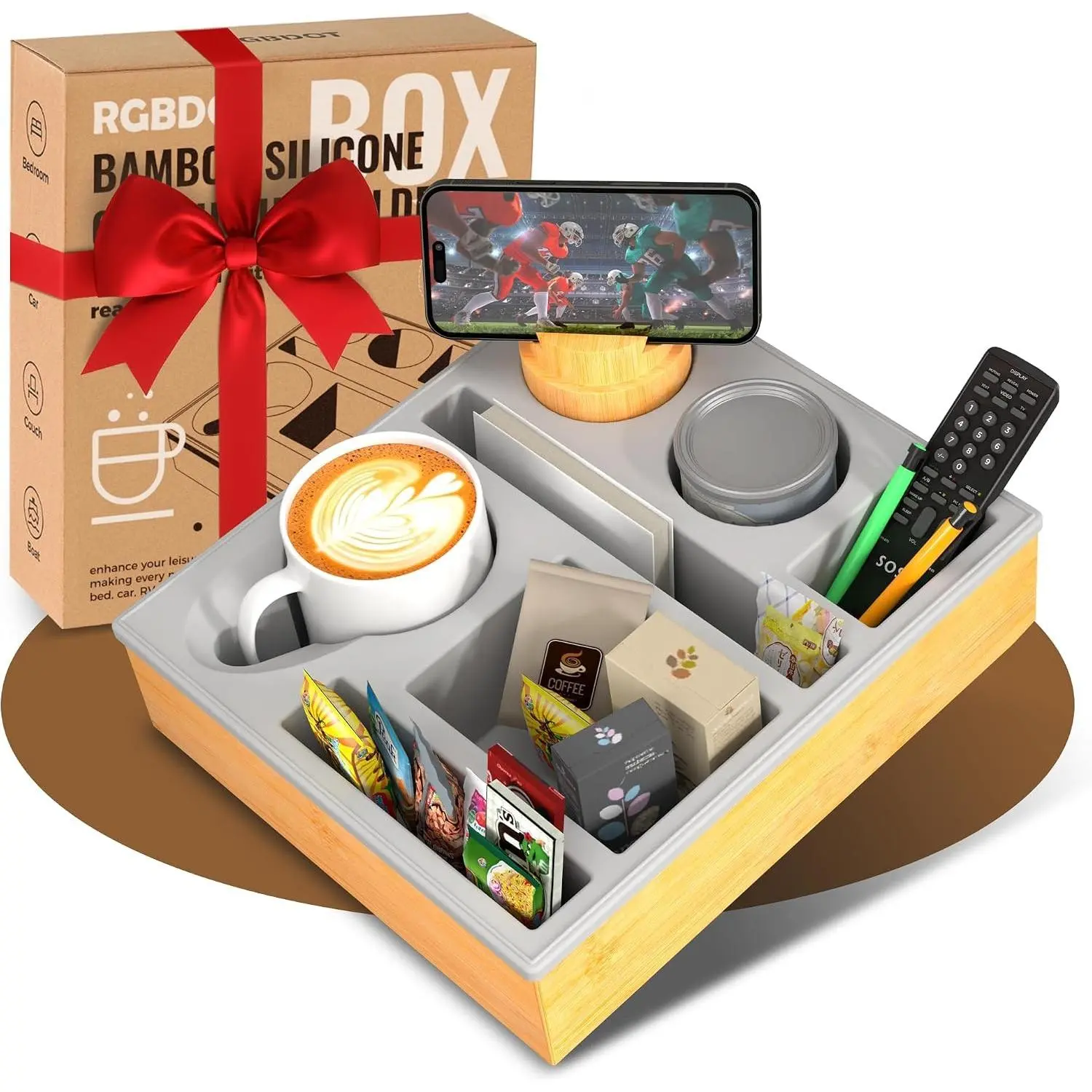 Couch Cup Holder Tray - Couch Organizer Caddy, Silicone Beach Caddy with Cup Holder, Sofa and Bed Drink Holder and Couch Tray Table for Snacks Beverage Remote (Gray)
