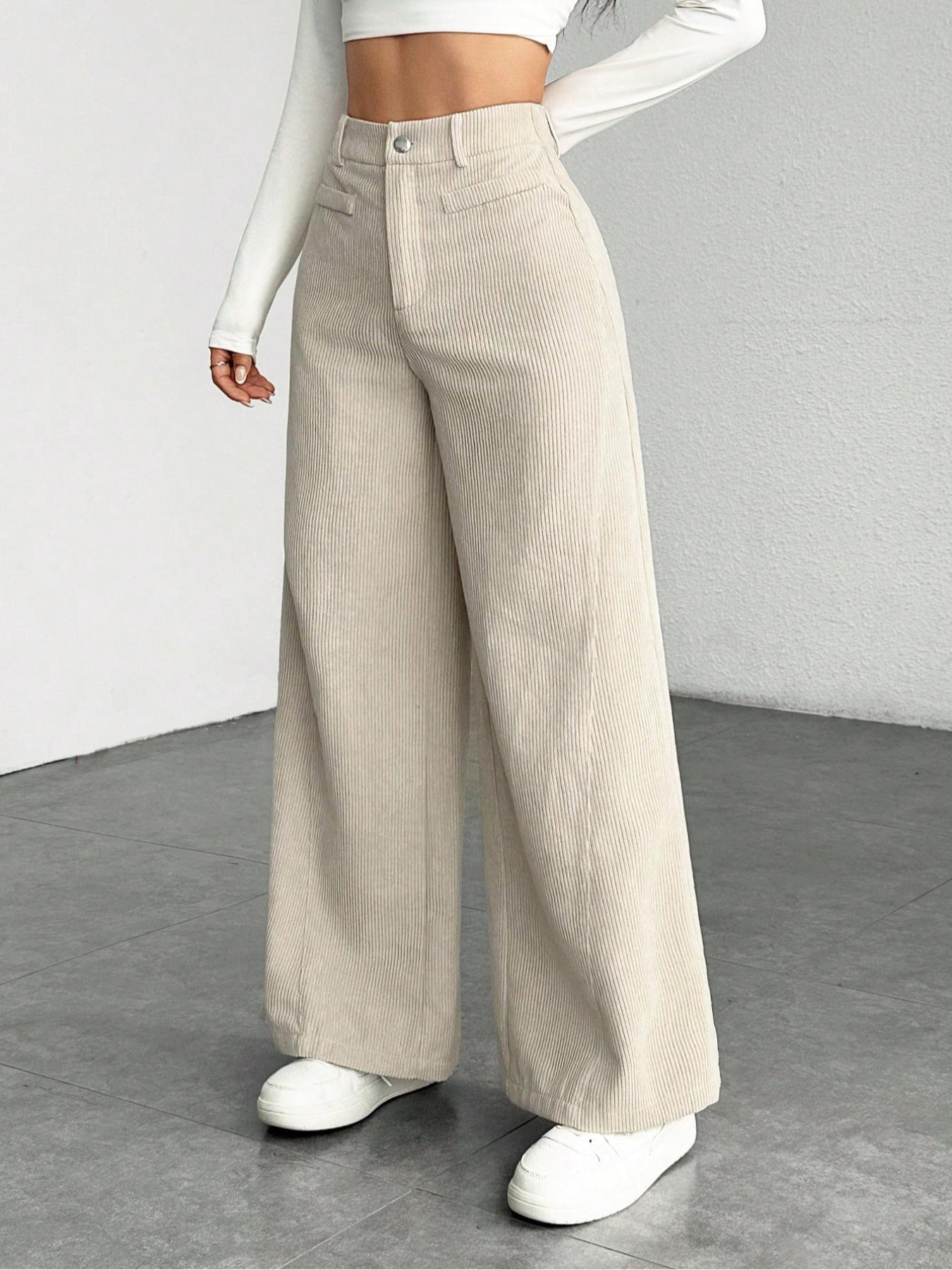 Women's High Waist Wide Leg Corduroy Pants, Casual Straight Fit Long Trousers, Comfortable All-season Solid Color Design, Womenswear