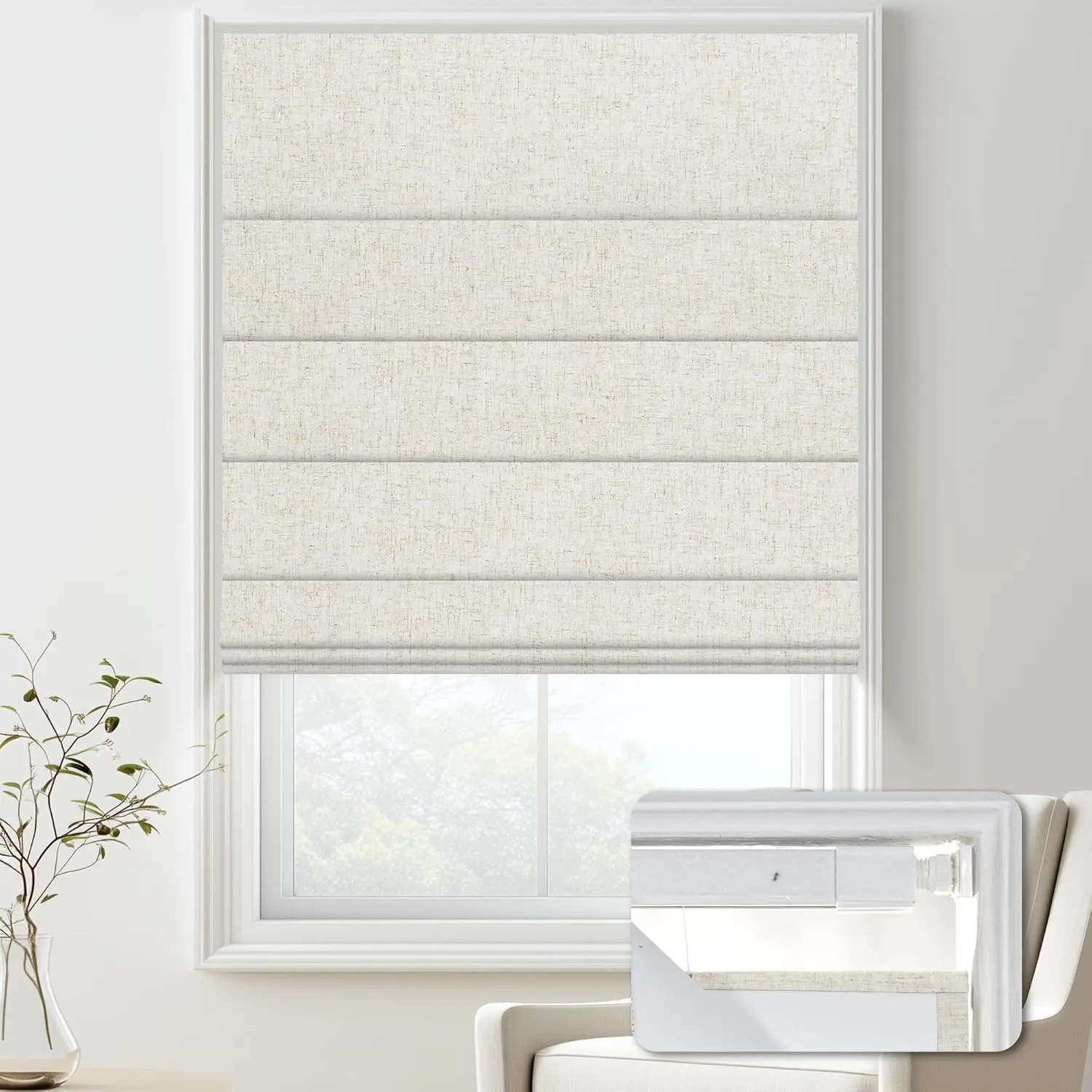 Cordless No Drill Blackout Linen Roman Shades, No Tools Easy Install Window Blinds for Indoor Home Bedroom, Linen Beige, 22" W x 48" H