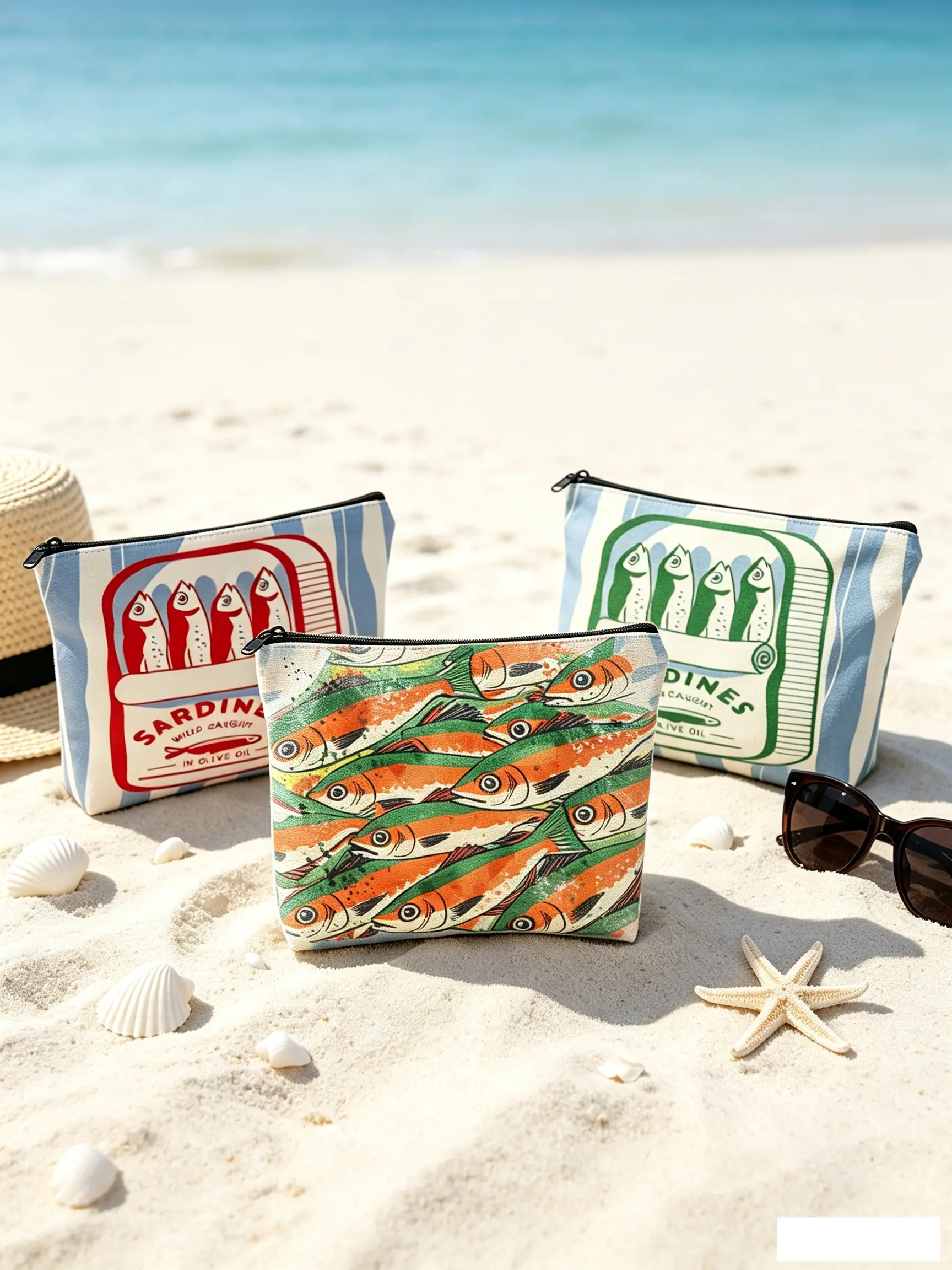 Vintage Sardine Theme Zipper Bag, Striped/watercolor Fish Print Makeup Bag, Foldable Large Capacity, Lightweight Travel Organizer
