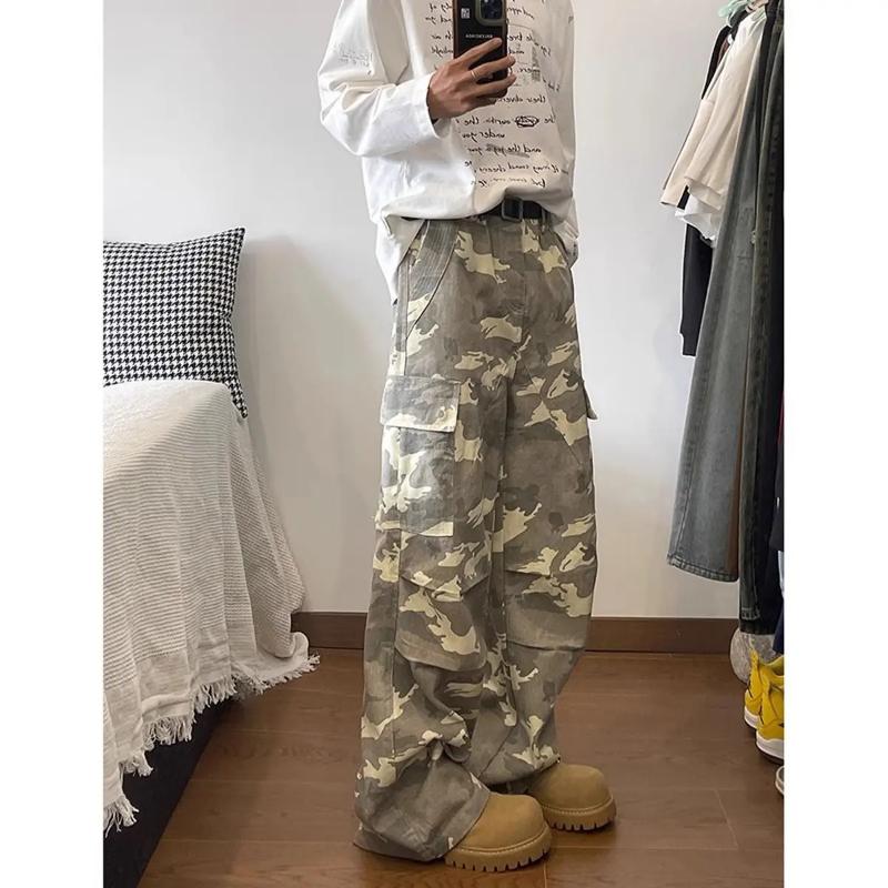 Kyn Apparel American Washed Retro Pocket Wide Leg Loose Casual Straight Paratrooper Pants Men's Trendy Camouflage Pocket Cargo Pants
