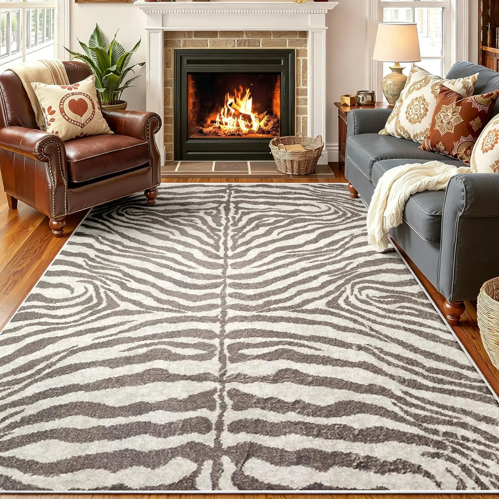 Grey Zebra Area Rug, Neutral Animal Stripe Pattern, Non-Slip Machine Washable Soft Faux Cashmere Carpet, Stain-Resistant Mat for Living Room Bedroom Decor, Aesthetic Alfombras para Sala
