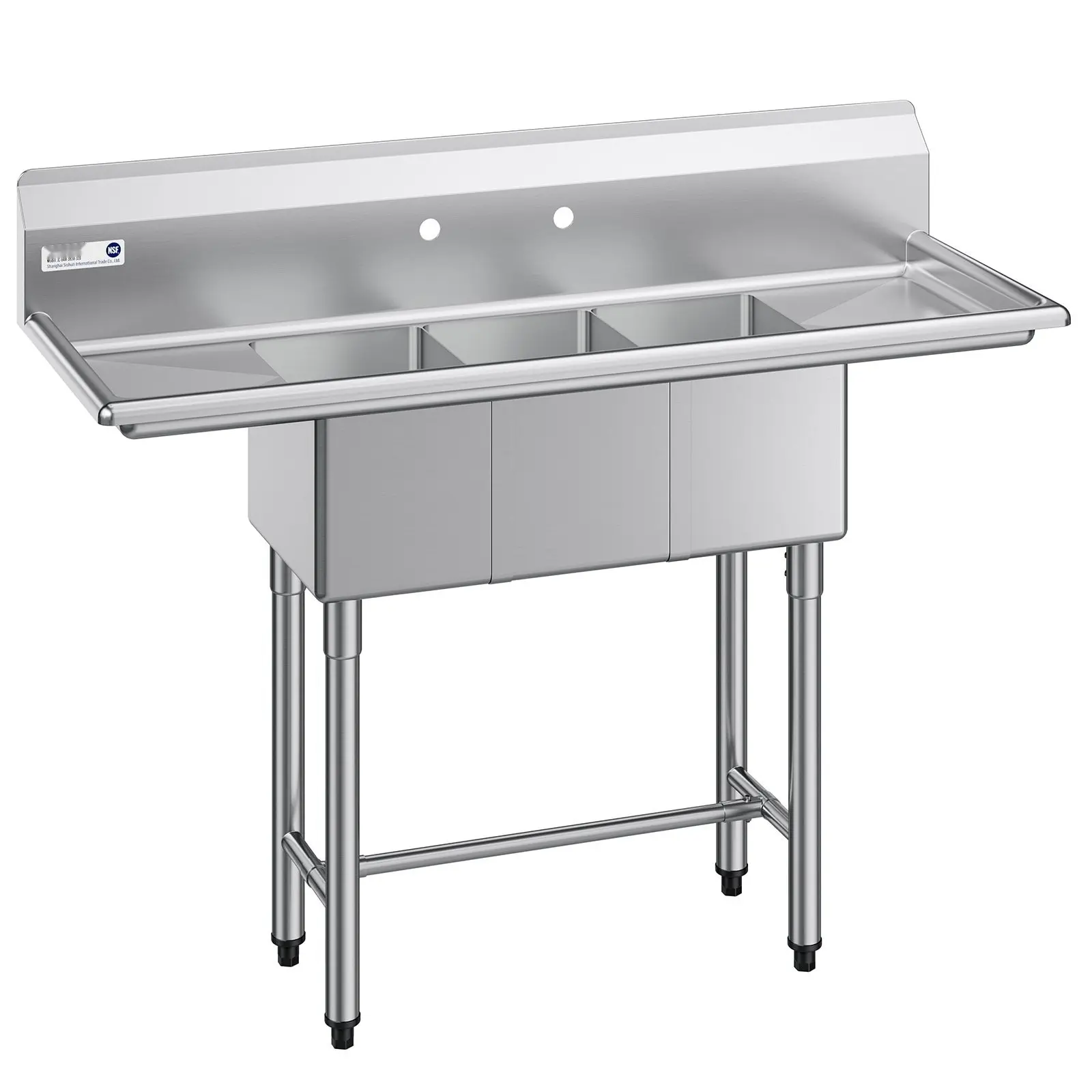 Three Compartment Sink, 18-Gauge 304 Stainless Steel, 10 x 14 x 10 Inch Bowl, 3 Bay Commercial Kitchen Prep And Utility Sink With Two Drainboards And Backsplash, Ideal For Restaurant, Food Truck And Home Use