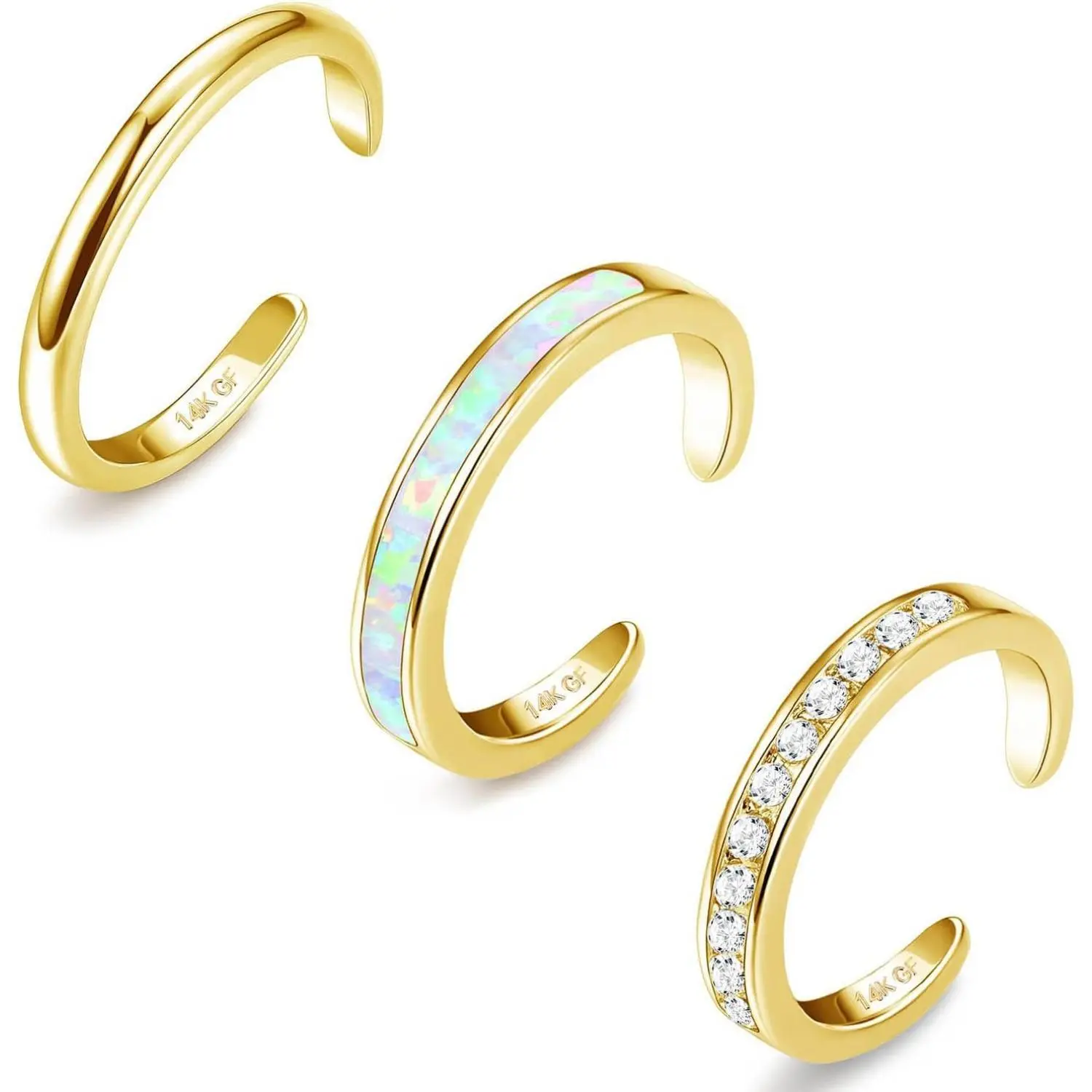 Jstyle 3PCS 14K Gold Plated Toe Rings for Women - Opal, CZ, Daisy Flower, Open Band, Adjustable Silver Gold Set, Cute Summer Foot Jewelry