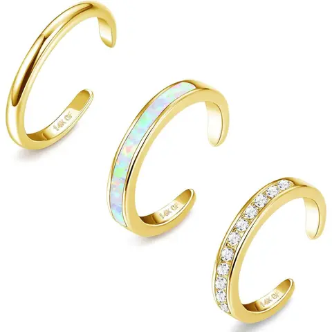 Jstyle Women's 3PCS 14K Gold Plated Non-Tarnish Toe Rings Set - Opal, CZ, Daisy Designs, Open Adjustable Band, Hypoallergenic, Multilayer Accents, Dainty Girly Foot Jewelry, Gold Color Rings for Female Daily, Dating, Beach Parties