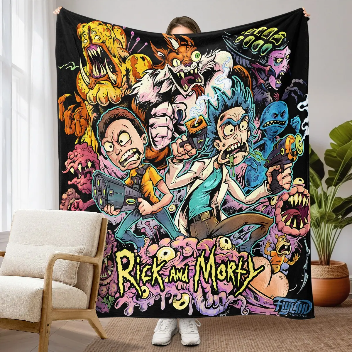 1pc Black‑Background Sci‑Fi Cartoon Themed Fleece Blanket, Full‑Printed With Crazy Rick, Morty Teenager, Alien Beasts, Laser Blaster Guns, Mutant Monsters, Slime Eyed Creatures, Artistic Title Font, Fantasy Alien Creature Print, Gothic‑Dark Style. Soft Wa