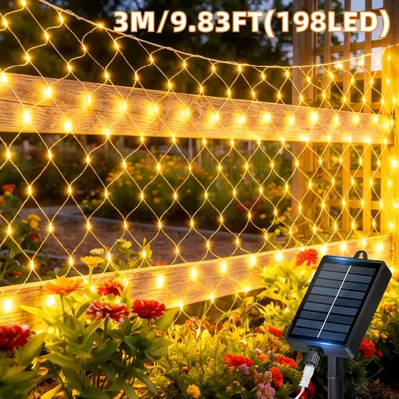 1PC Outdoor Solar Fairy Net Lights, Bright LED Garden String Lights with High Brightness and 12 Flashing Modes, Decorative Lights for Camping, Balcony, Yard, Holiday, Party, Fence, Wedding & Home Decoration