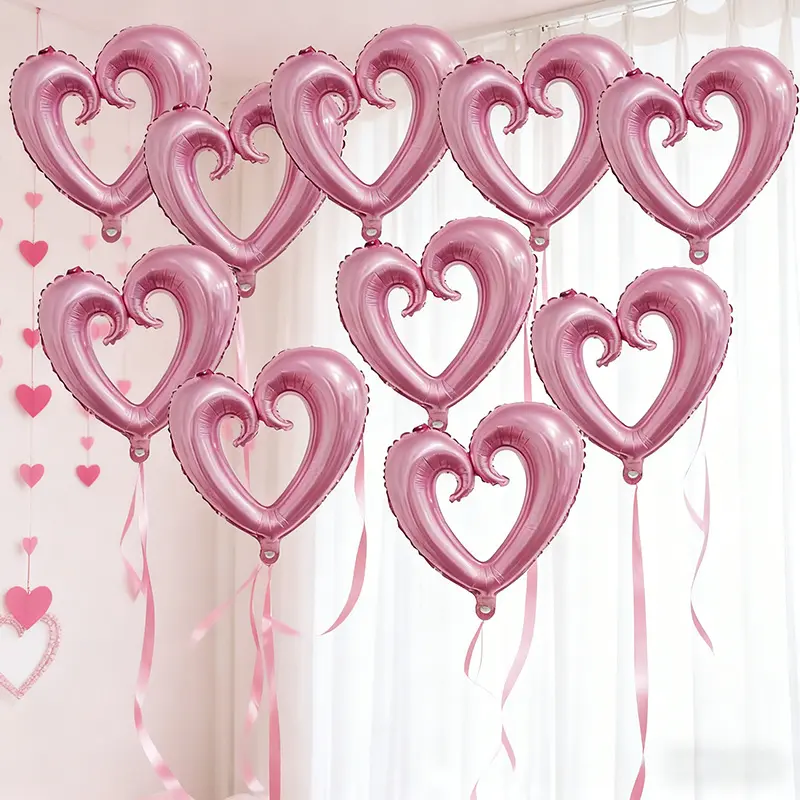 10 pieces, pink small hollow heart-shaped foil balloons, themed party balloons, suitable for Valentine's Day party decorations, wedding arrangements, photo props, anniversaries, indoor and outdoor decorations, birthday party decoration balloons