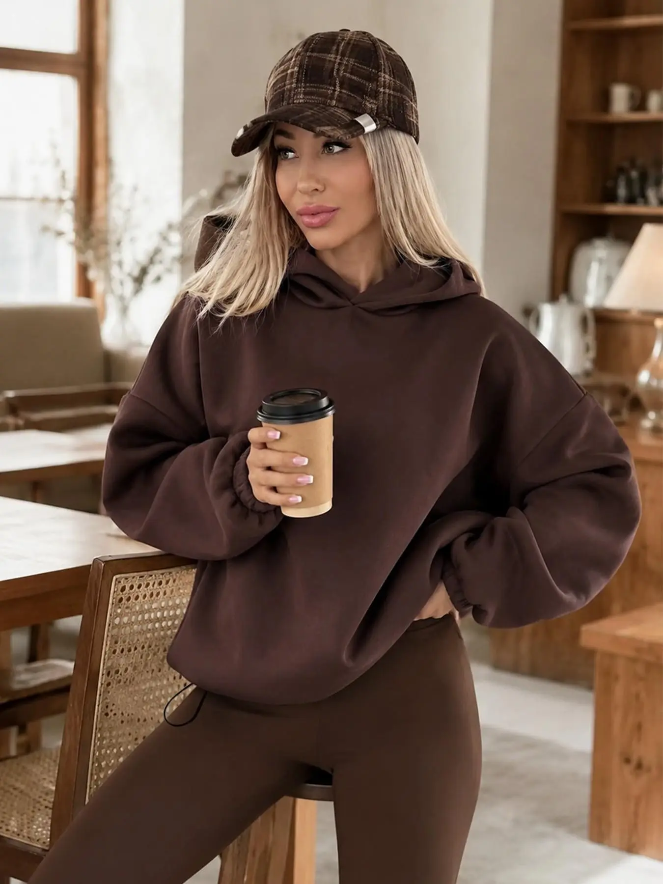 Women's Fashion Solid Color Long Sleeve Loose Fit Casual Sweatshirt, Hooded, Drawstring Waist, Comfortable, Daily Wear, Travel, Sports