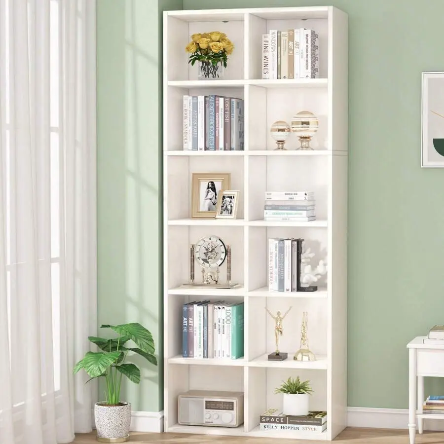 70.9 Inch Tall Narrow Bookcase Bookshelf, White Modern Bookcase with 12 Cube Storage Home Office, Vertical or Horizontal