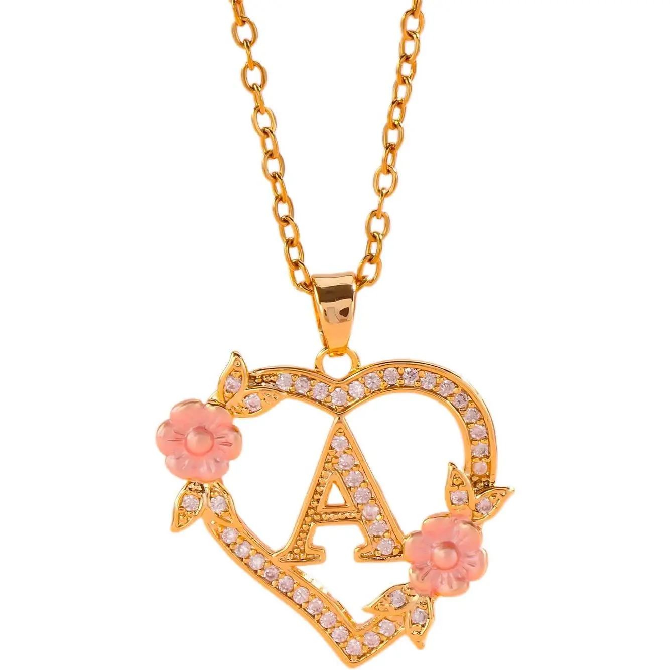 Baby Girls' Stainless Steel Gold-Plated Heart-Shaped Pendant Necklace with Initial A, Pink Flowers and Cubic Zirconia - Sweet Fashion Jewelry