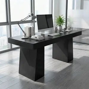 Garvee 55" Executive Desk, Mid-Century Modern Home Office Desks with Double Trapezoid Base, Wood Computer Desk Business Furniture Workstation Writing Table Conference Table, Black