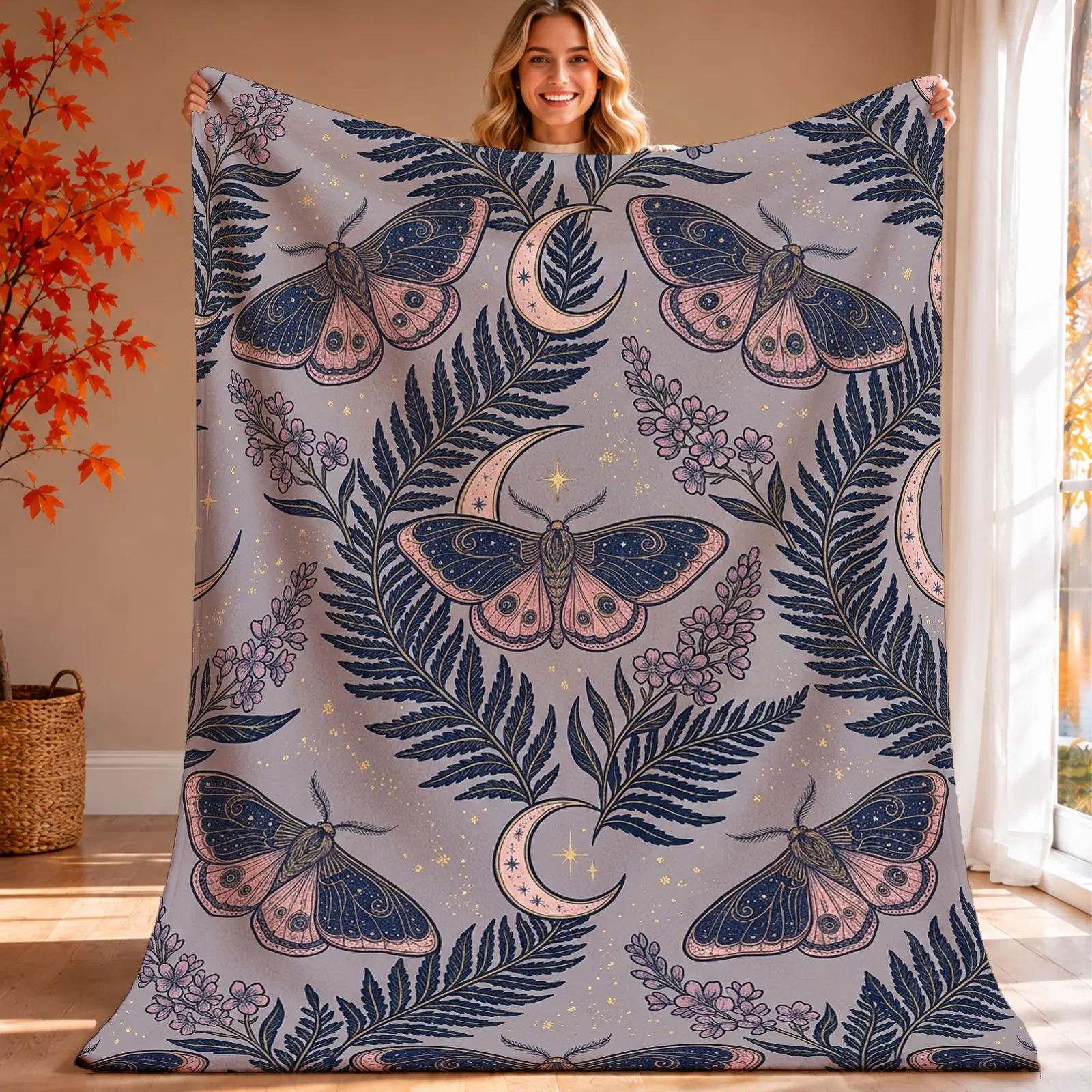 1pc Moon Moth Floral Blanket, Whimsical Boho Style, All-Over Graphic Design with Delicate Moths and Floral Elements, for Bedroom Living Room Home Decor and Cozy Reading Nook
