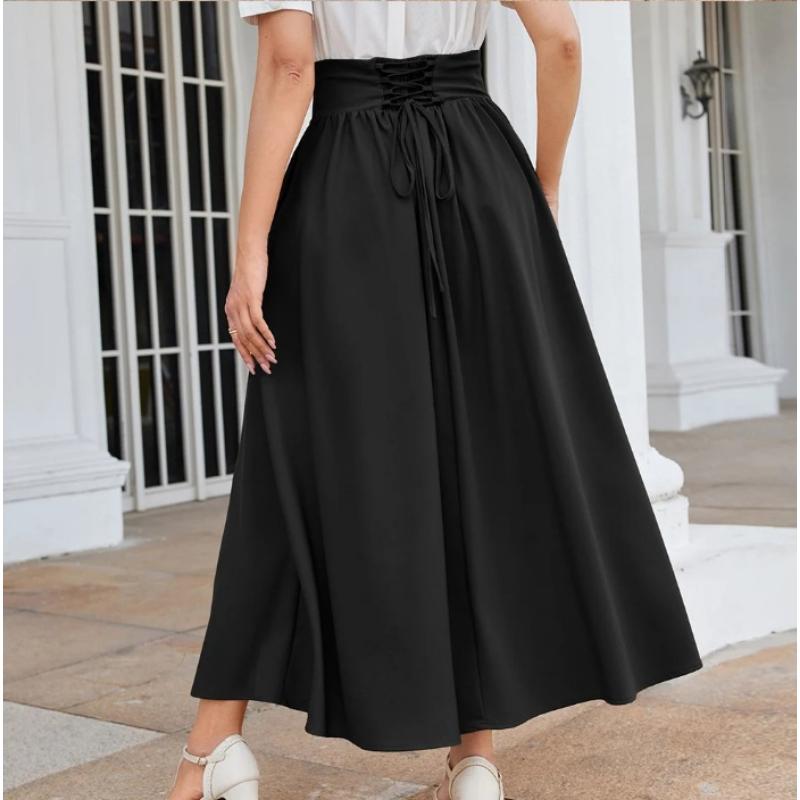 OK LADY Size Chart 2025 New European And American AliExpress Amazon EBay Best Selling Women's Pocket Elastic High Waist Bandage Long Skirt Casual Fabric White Bottoms Womenswear Polyester