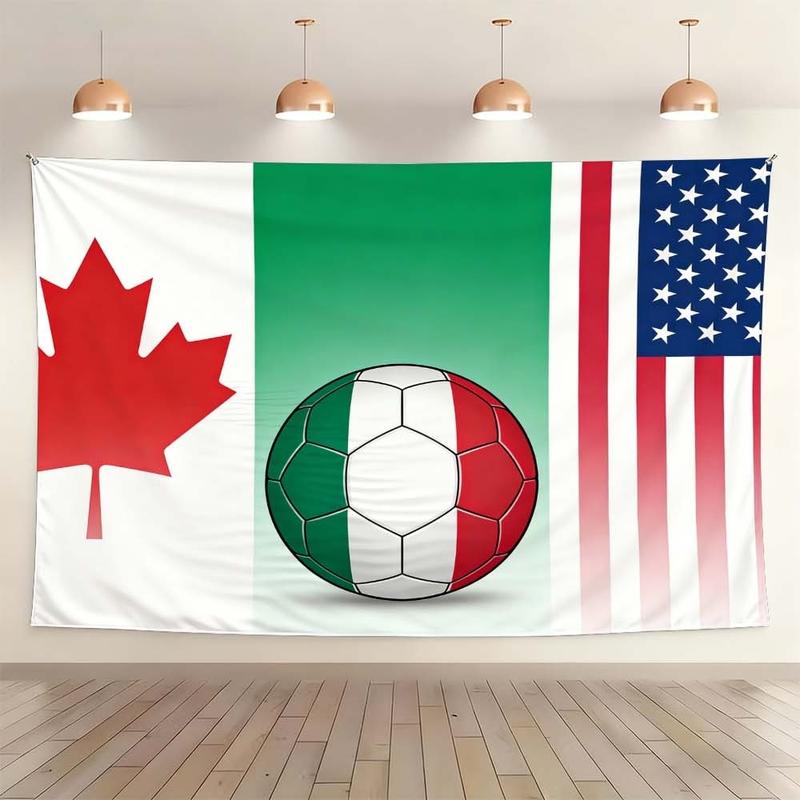 1 pc microfiber FIFA World Cup Tapestry Wall Hanging Soccer Flags Decor Living Room Dining Room Bedroom Outdoor Holiday Atmosphere Enhancement Green Red White American Canadian Flag Soccer Ball Art Multinational Sports Theme Stylish Decorative Background