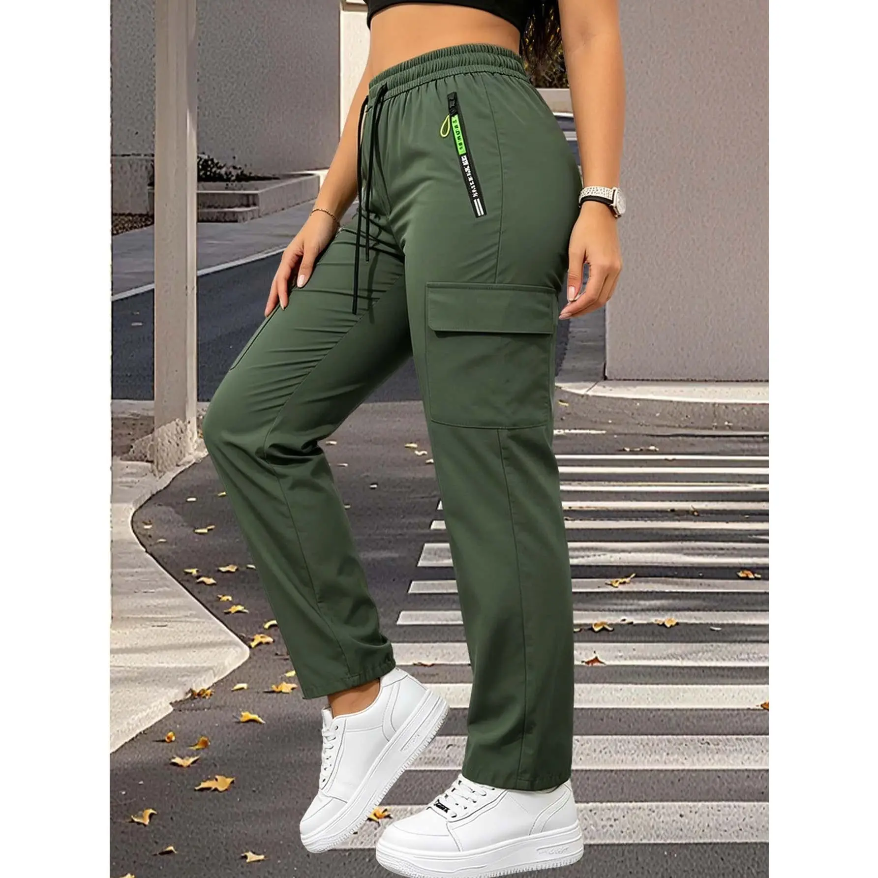 Womens Plus Size Wide Leg Cargo Pants Drawstring Elastic Waist Full Length Work Pants Spring Fall Office Outdoor Casual Trousers