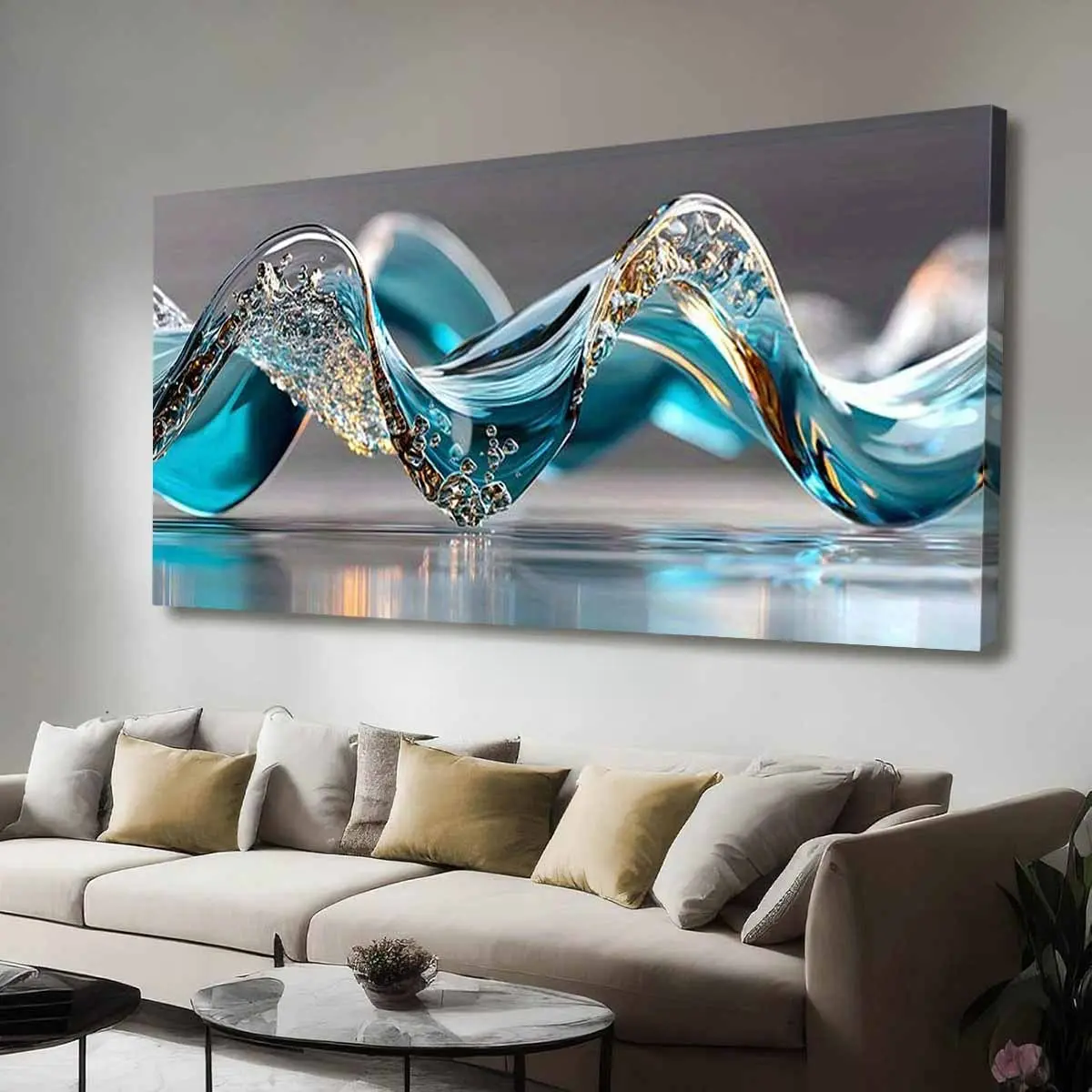 Modern Blue-Gold Ripple Engineered Wood Framed Print, Fashion Theme Flat 2D Wall Art, Multi-Size Home Decor for Living Room, Bedroom Display, Flat 2D Art