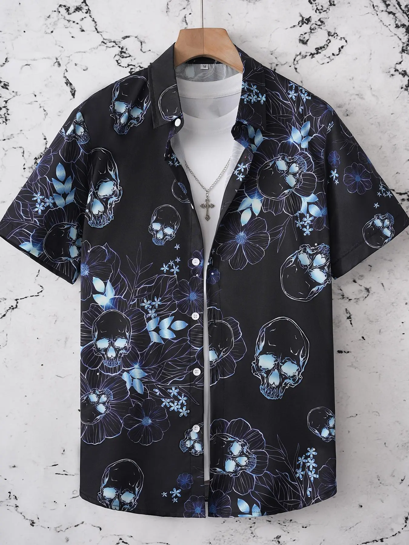 Men's Skull Print Casual Printed Short Sleeve Shirt, Regular Fit Casual Fashion Comfy Top for Summer, Men's Clothes for Daily Wear, Casual Streetwear Shirt, Casual Style Shirt