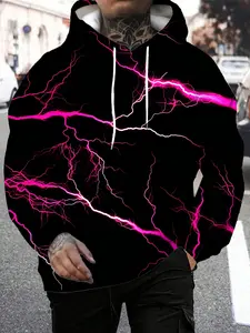 Men's Black Pullover Hoodie 3D Pink Lightning Thunder Print Hooded Sweatshirt Gothic Streetwear Oversized Long Sleeve Top