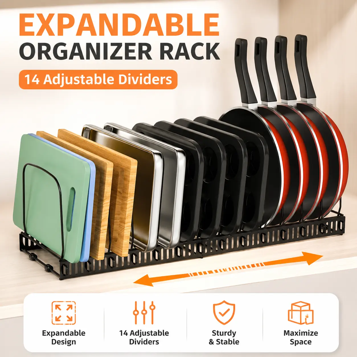 Black Expandable Bakeware Organizer Rack with 14 Adjustable Dividers for Cabinet Storage, Cutting Boards, Baking Trays, Cookie Sheets, Muffin Tins and Cupcake Pans