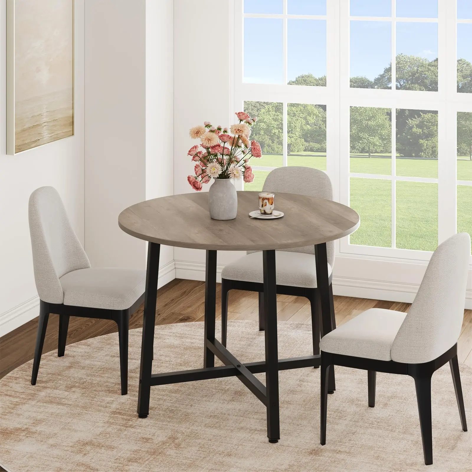 Garvee Small Round Dining Table for 4, 31.5 Inch Kitchen Table Ideal for Small Spaces, Modern Farmhouse Design with Water-Resistant Wood Surface and Sturdy Steel Frame, Perfect for Breakfast Nook in Grey