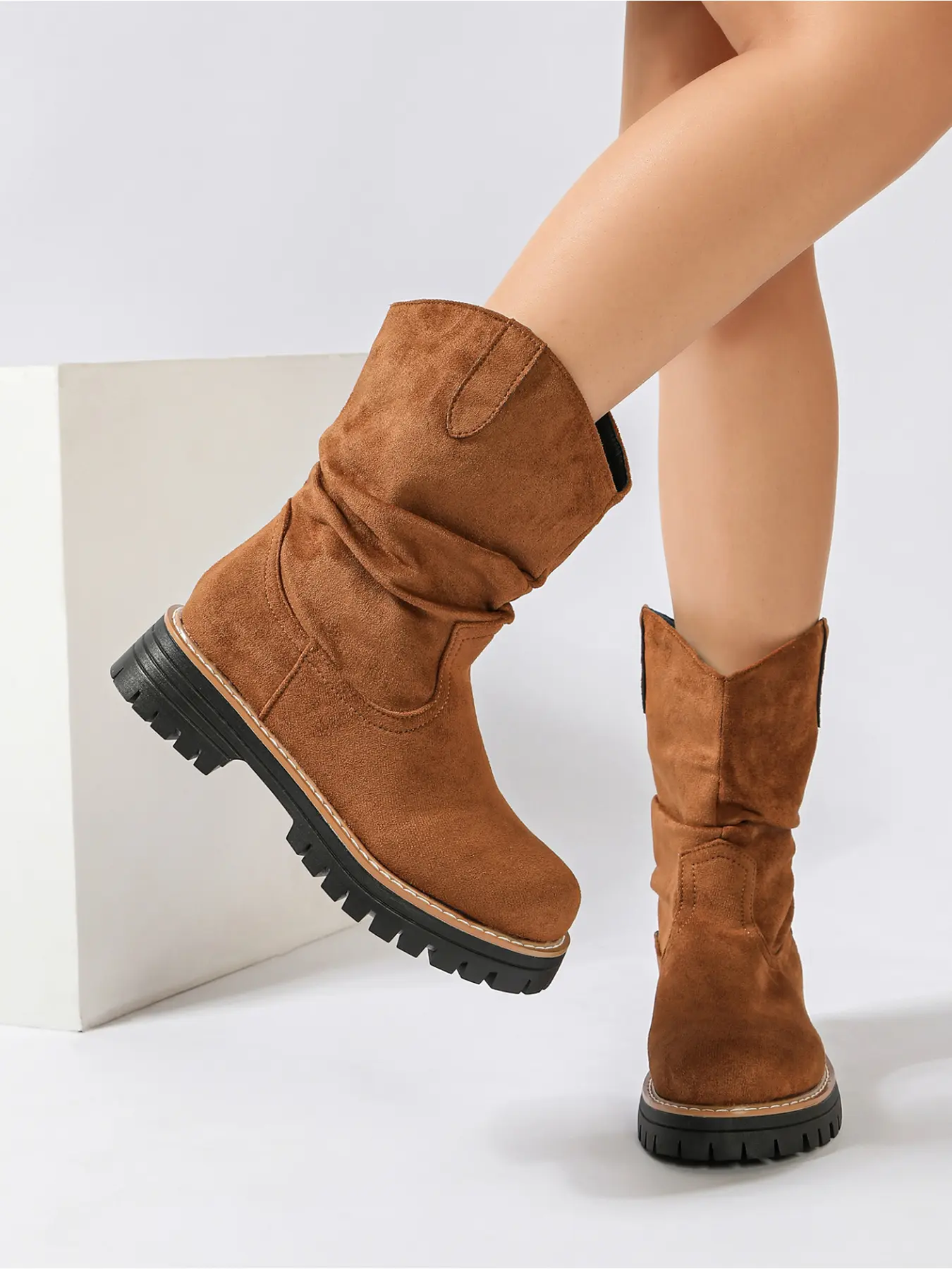 Women's Shoes Retro Tone Suede Slouch Mid Calf Cowboy Boots, Lug Platform Sole Western Boots, Casual Street Outfit Ladies Mid Boots