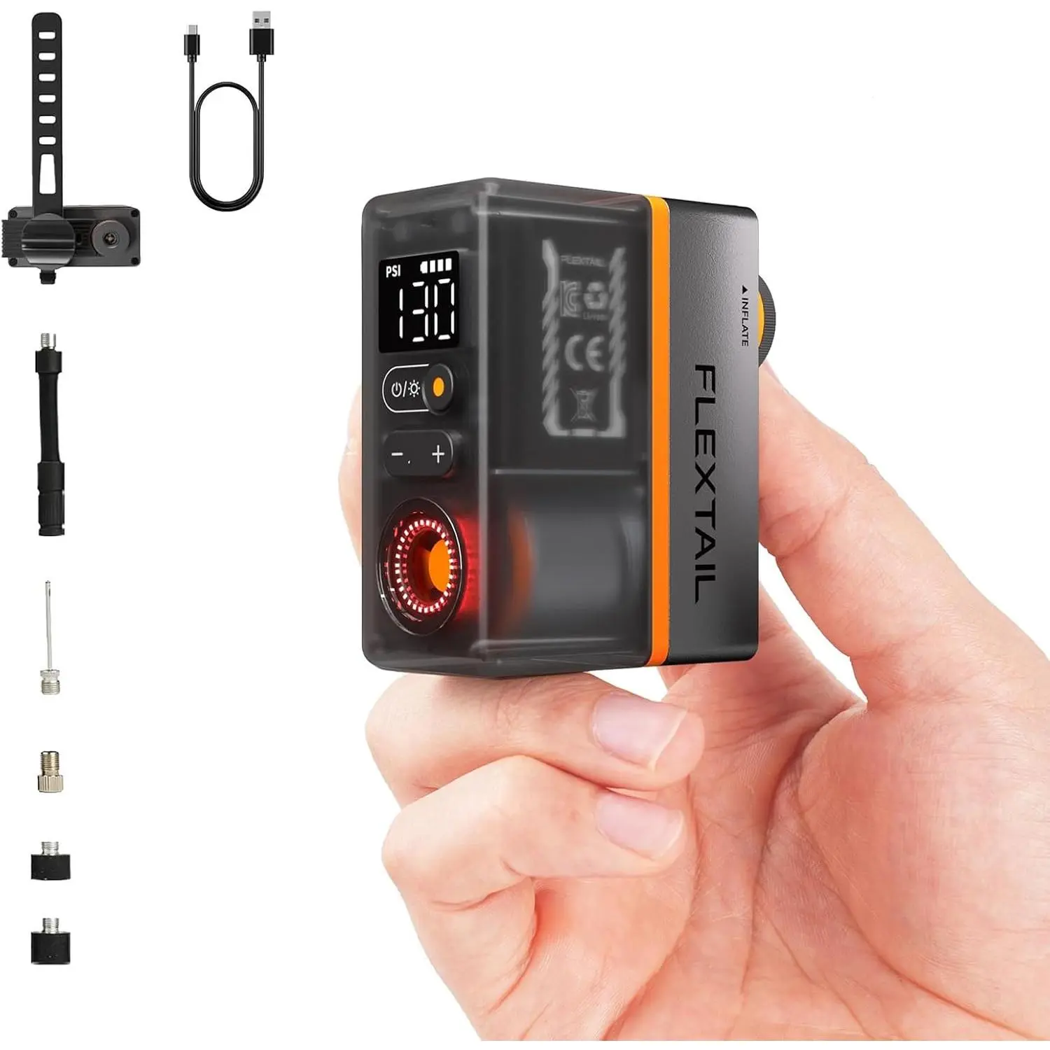 Mini Portable Pump with Digital Smart Gauge & Integrated Taillight, 130 PSI Electric Inflator for Bicycles/Moto, Supports Presta & Schrader for Road, Mountain Bikes & Balls