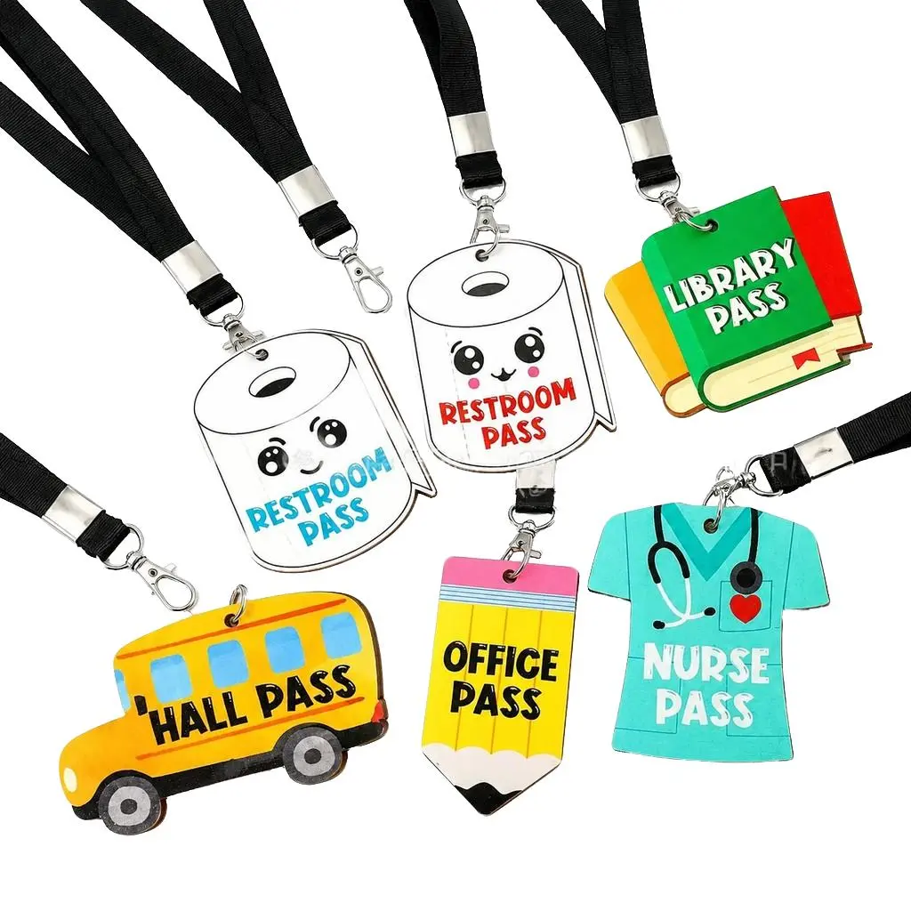 Colorful Cartoon Fun Shapes Durable Pine Wood School Hall Pass 6 Set with Lanyards, Wooden Pass, Student Restroom Pass Tags with Clear Labeling for Classroom, Library, Office, Nurse Station