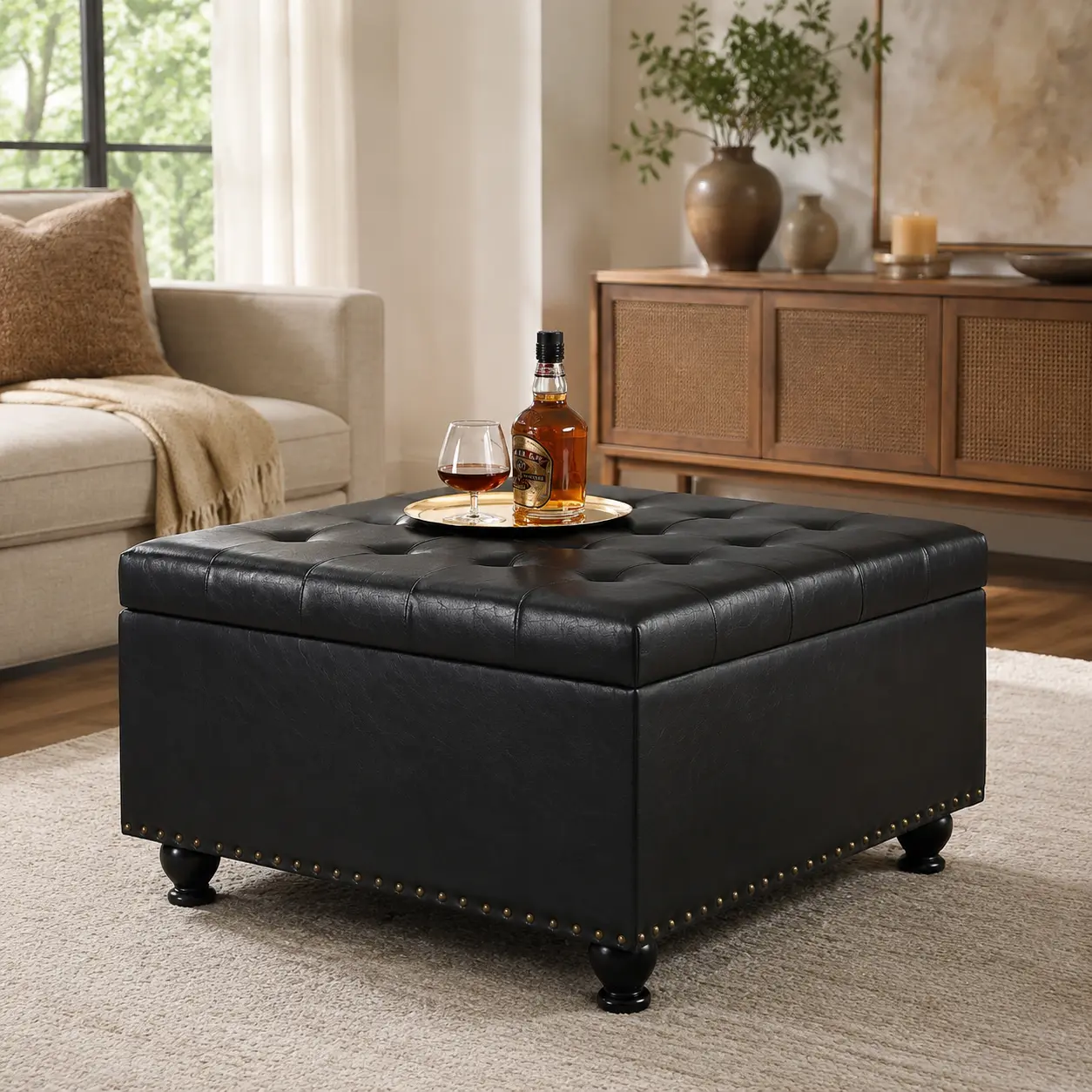Littleox Large Square Storage Ottoman with Wooden Legs, Upholstered Button Tufted Coffee Table with Nail Trims for Living Space