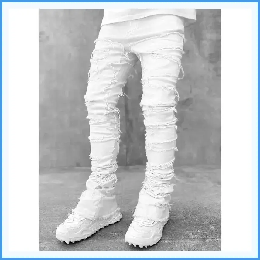 Men's Stacked Jeans Stretched Patchwork Tassel Damaged Denim Full Length Pants Hip-hop Trousers Streetwear