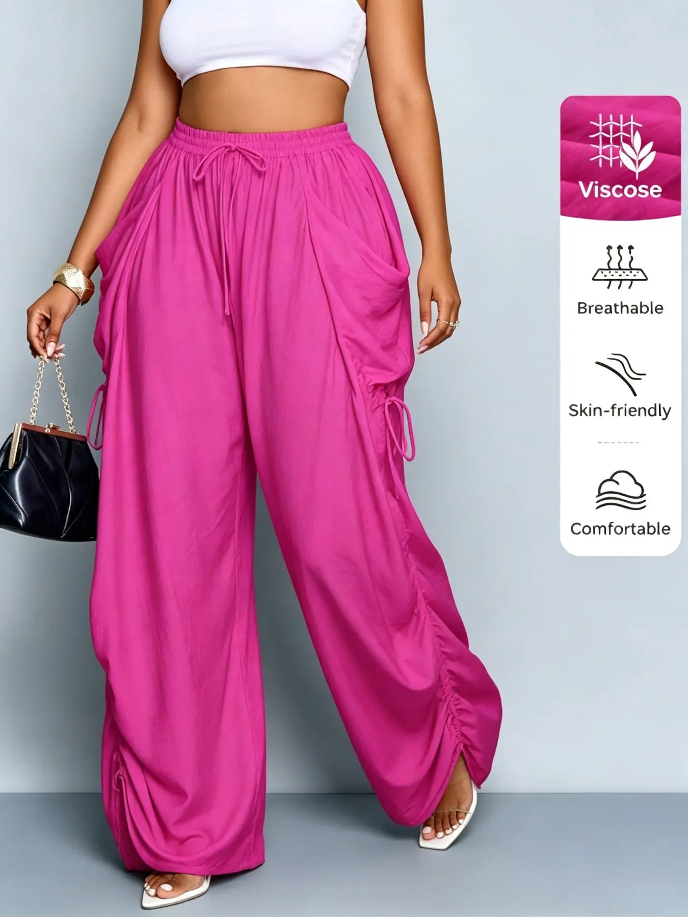 High-Waisted Drawstring Linen Palazzo Pants for Women, Loose-Fit Spring & Fall Fashion, Comfortable Casual Home Wear