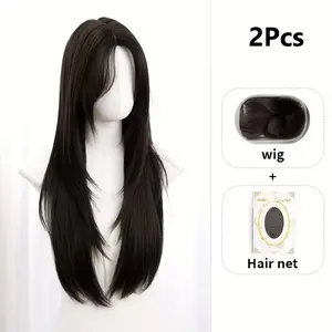 2-Piece Set, 28-Inch High-Temperature Fiber Wigs + Hair Net, Center Part Layered Cut, Ideal for Concerts, Parties, Carnivals, Daily Fashion