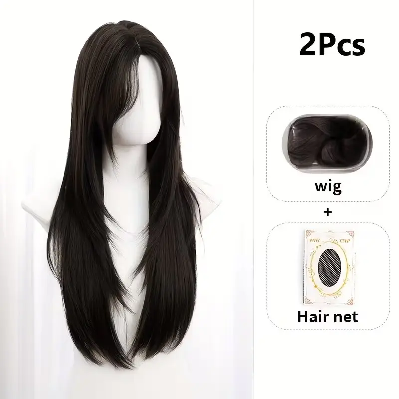 2-Piece Set, 28-Inch High-Temperature Fiber Wigs + Hair Net, Center Part Layered Cut, Ideal for Concerts, Parties, Carnivals, Daily Fashion