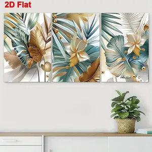 3-piece set of 2D flat tropical leaf paintings, gold, blue-green, abstract - modern abstract wall decoration, framed, ready to hang, suitable for living room, office, cafe aesthetic wall decor - perfect gift for Thanksgiving, Halloween, Christmas, New Yea