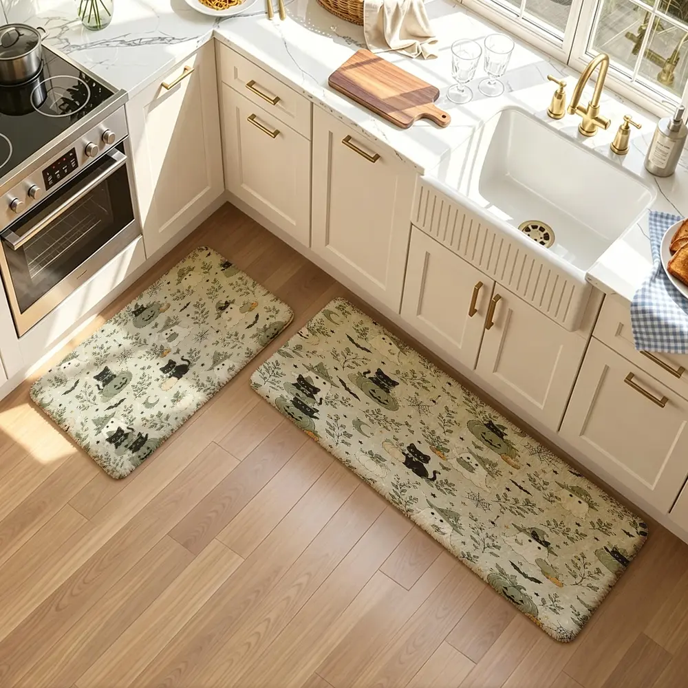 2pcs Cat Plant Pattern Kitchen Floor Mat Set, Machine Washable Non-Slip Rug for Kitchen & Home Decor