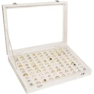 Velvet Ring Display Tray Organizer Box with Transparent Lid, 100 Slot Ring Holder Showcase For Store Display Jewelry Show Home, Ring Organizer For Rings Earrings (Beige)Gift.