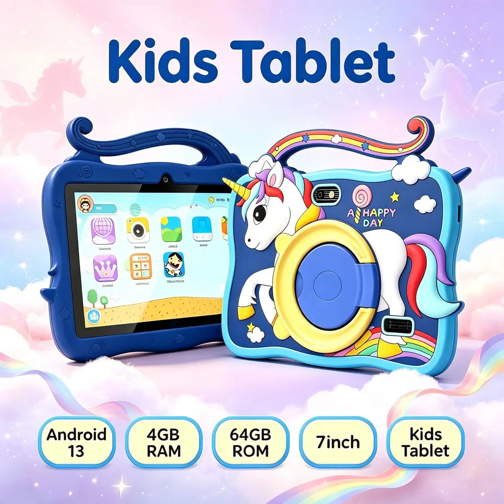 7-inch tablet children's Android Family Tablet supports WIFI and Bluetooth functions, Android 13 system 4GB RAM 64GB ROM, parents can control pre installed educational learning software, rainbow shockproof silicone protective cover