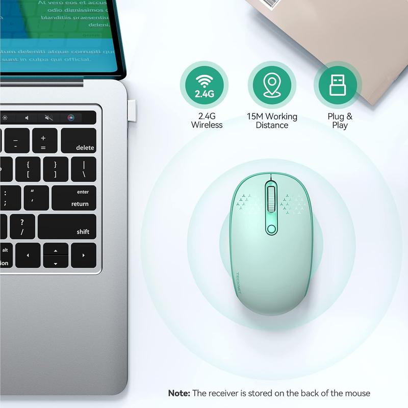 for Laptop, 2.4G Quiet Computer  with USB Receiver, 4 Buttons Portable Cordless Mice for Chromebook, Laptop, PC, , 800/1200/1600 DPI - Mint Green