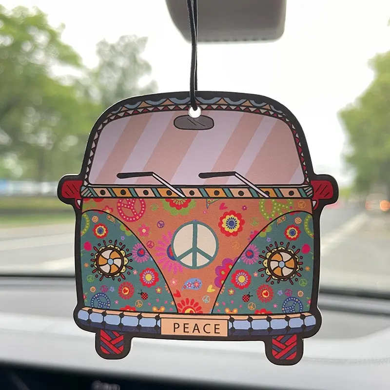 Hippie Peace Flower Vintage Bus Car Hanging Air Freshener, Car Fragrance, Natural Floral Scent Tablet, Retro Boho Aromatherapy Ornament, Multipurpose Scent Decor
