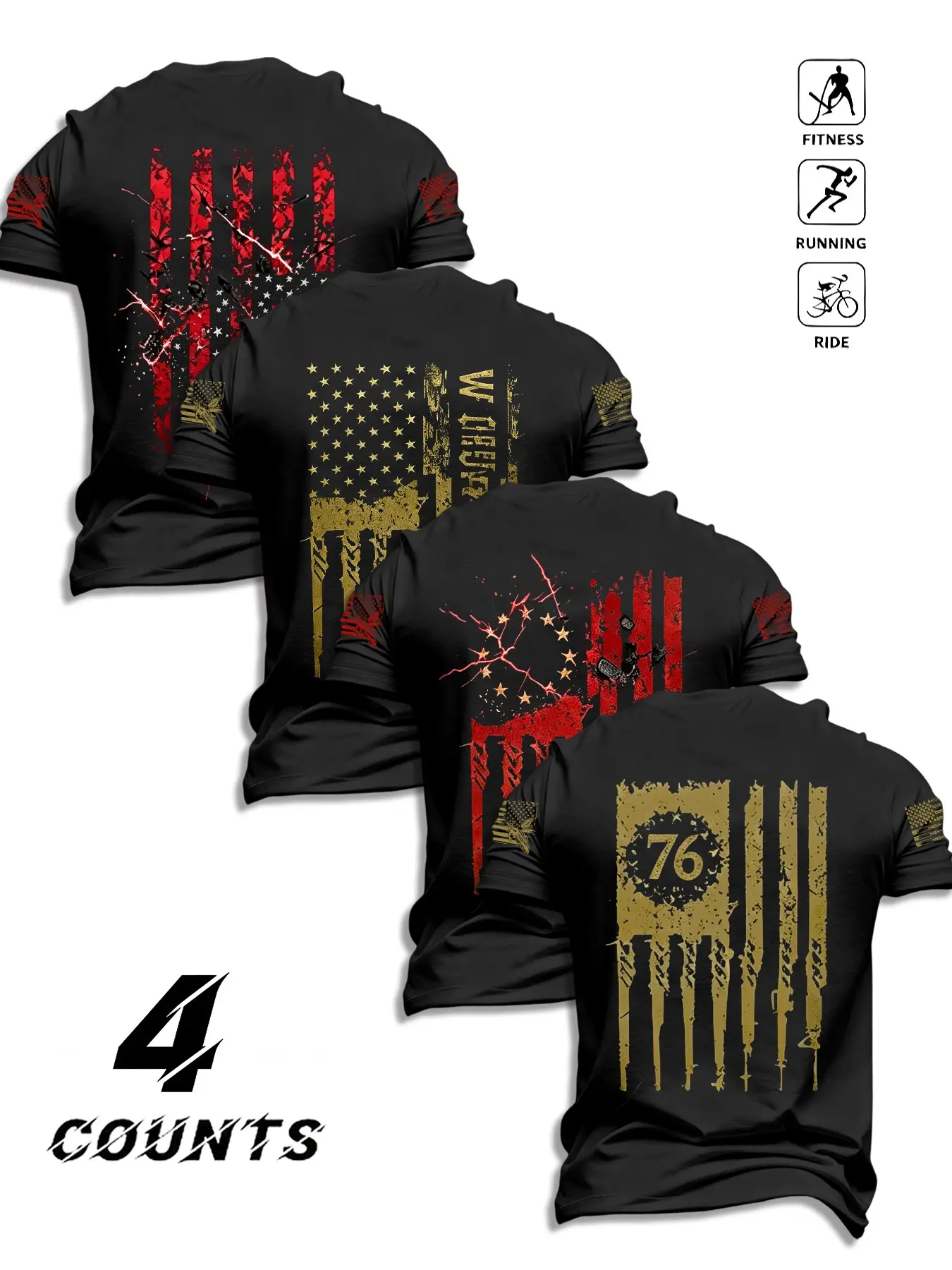 4-Pack Men's Round Neck Short Sleeve T-Shirts, Vintage Flag Gun Print, Military Style, Breathable Loose Fit, Outdoor Fitness, Daily Wear