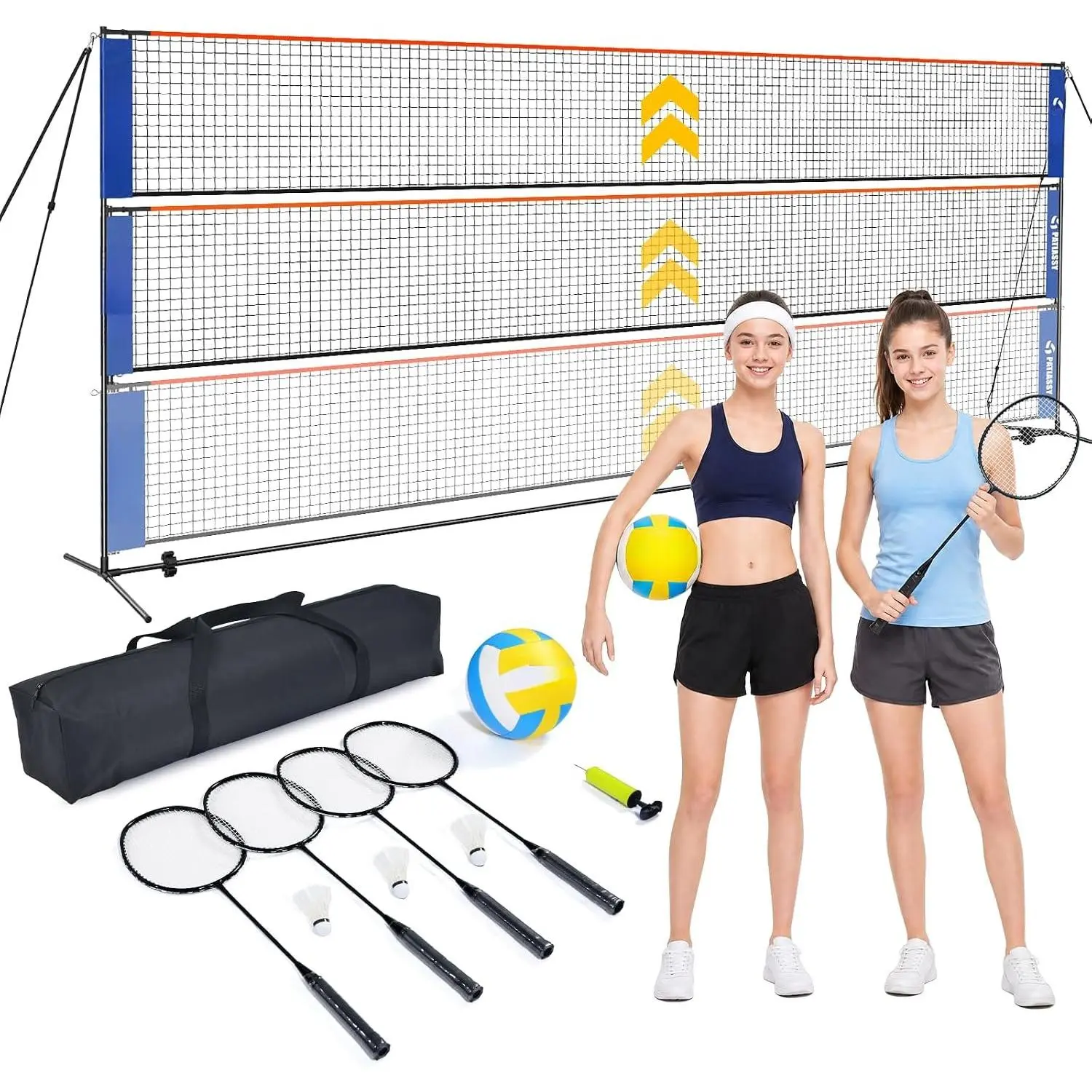 3-in-1 Badminton Volleyball Pickleball Net Set Adjustable Height | Backyard Outdoor , 17FT Portable Net, Height Adjustable 5.1-7.4FT, Combo Set, Balls Rackets Shuttlecocks Carry Bag
