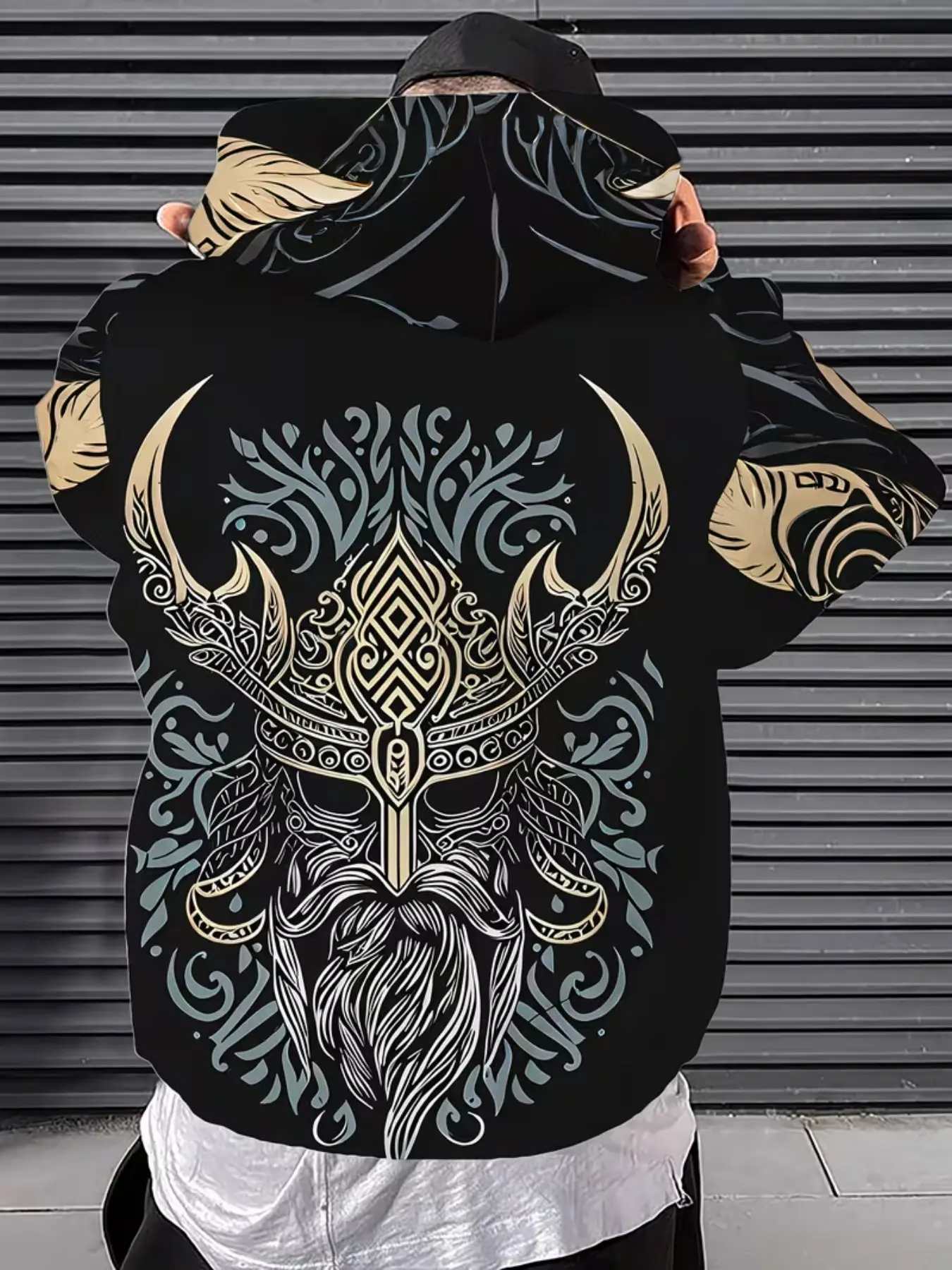 Viking Helmet Hoodie with Viking Helmet and Bird Badge Pockets, Medieval Design, Casual Sweater for Nordic Fashion