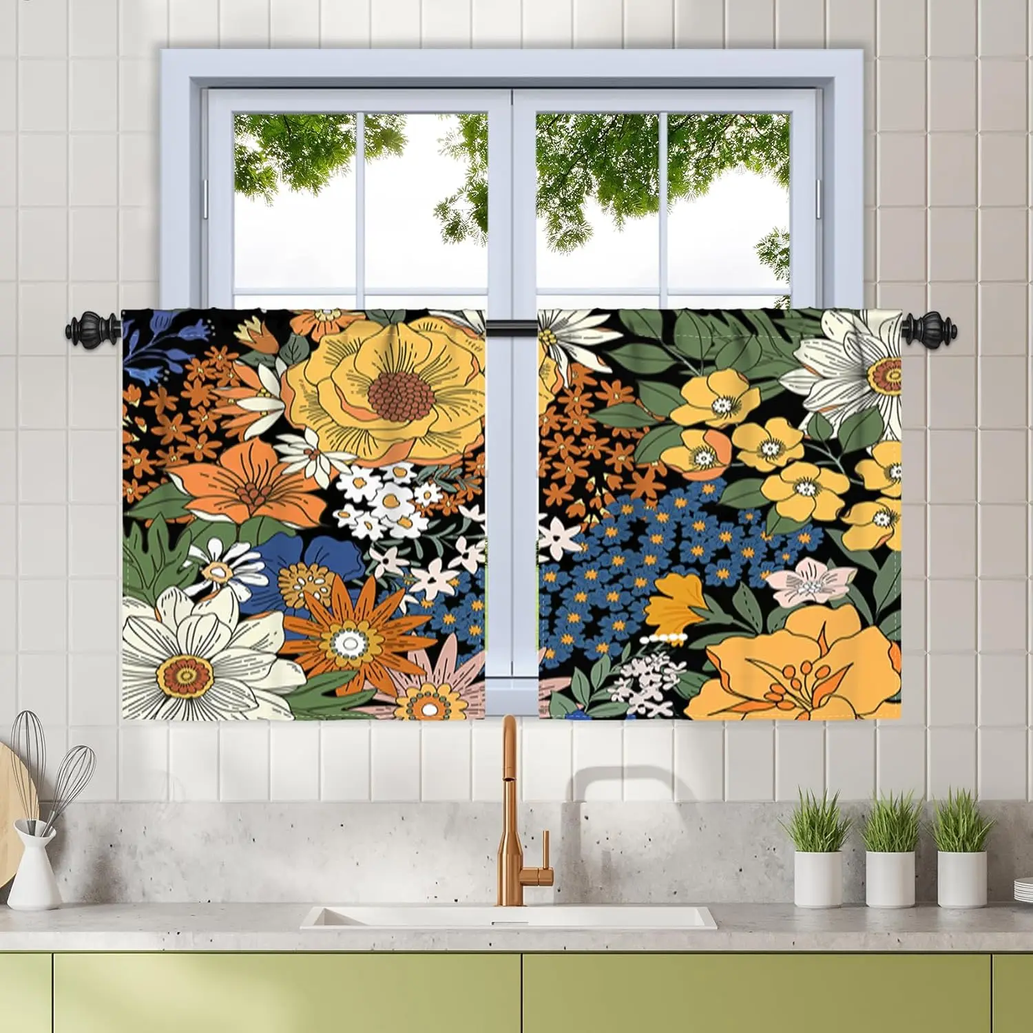 26x36 in Light-Filtering Multi-Color Boho Floral Rustic Kitchen Curtains, Retro Short Rod Pocket Cafe Drapes, 2-Panel Farmhouse Window Treatment for Small Windows