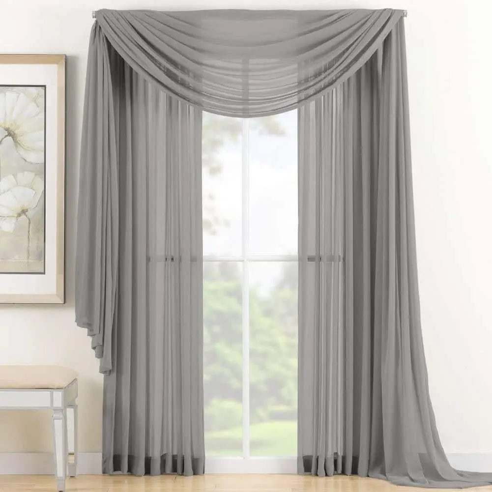 Gray Modern 3-Piece Window Curtain Combo Set - 2 Sheer Panels (58"x84"), 1 Scarf Valance (37"x216")