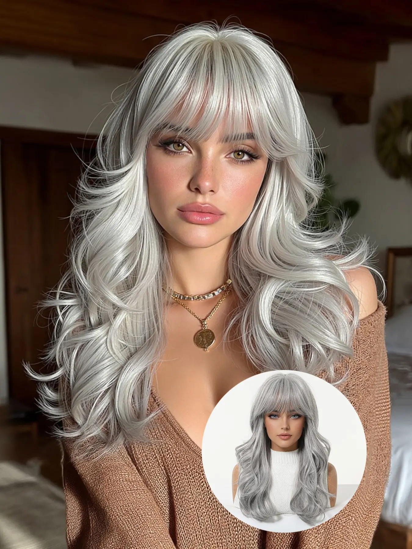 20inch Silver Gray Wave Synthetic Wig for Women, Heat Resistant, Natural Look, Easy to Wear, Perfect for Daily Use, Parties, Role Play