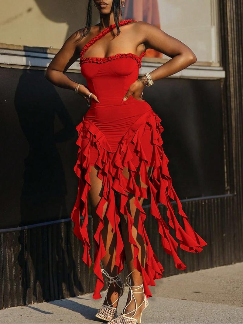 Women's Solid Color Ruffle Trim Frilled Dress, Fashion Casual Fabric Sleeveless Dress for Daily Outdoor Wear, Ladies Clothes for All Seasons, Embellished Dress